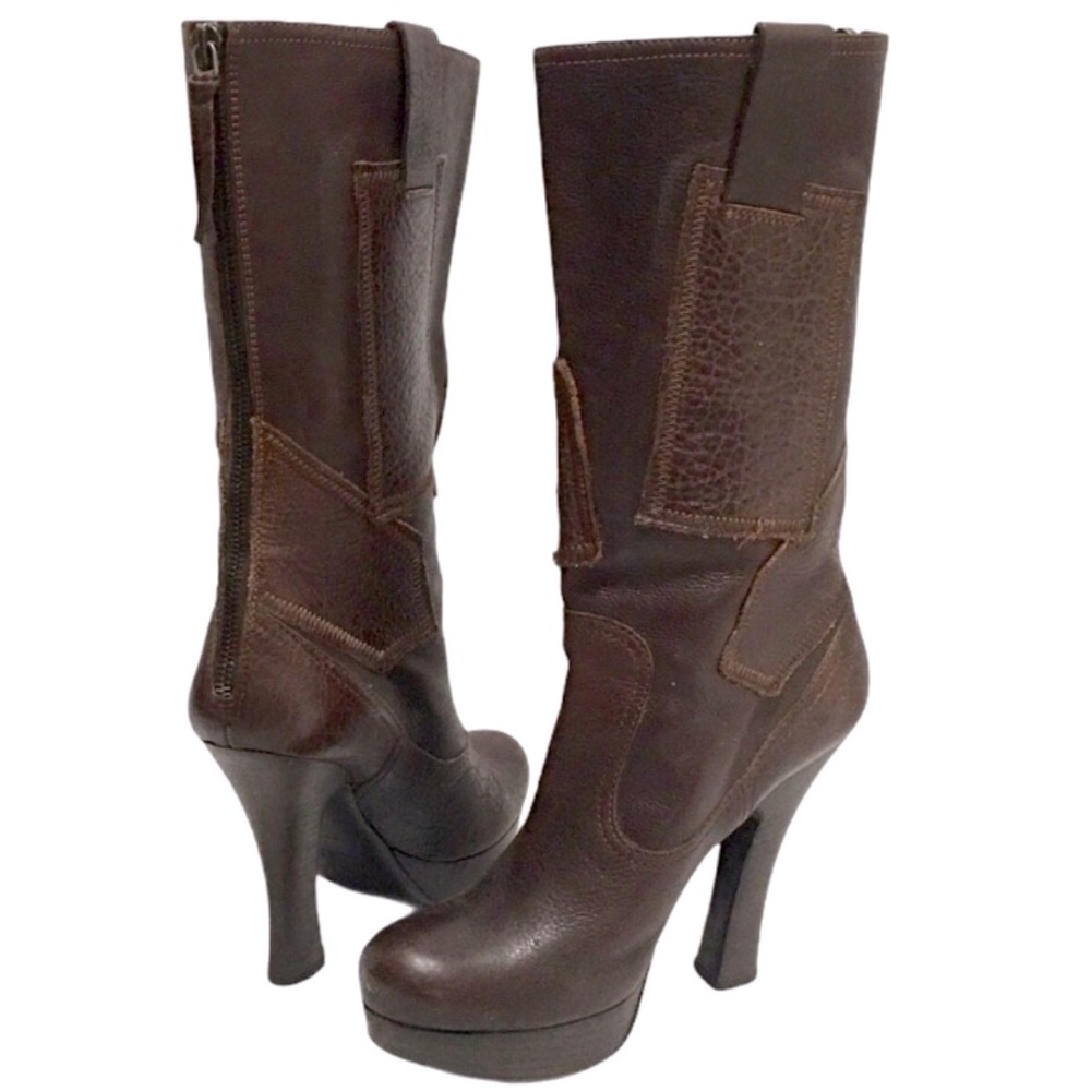 Miu Miu Heel Tall Brown Italian Made Leather Platform Boots Size 7
